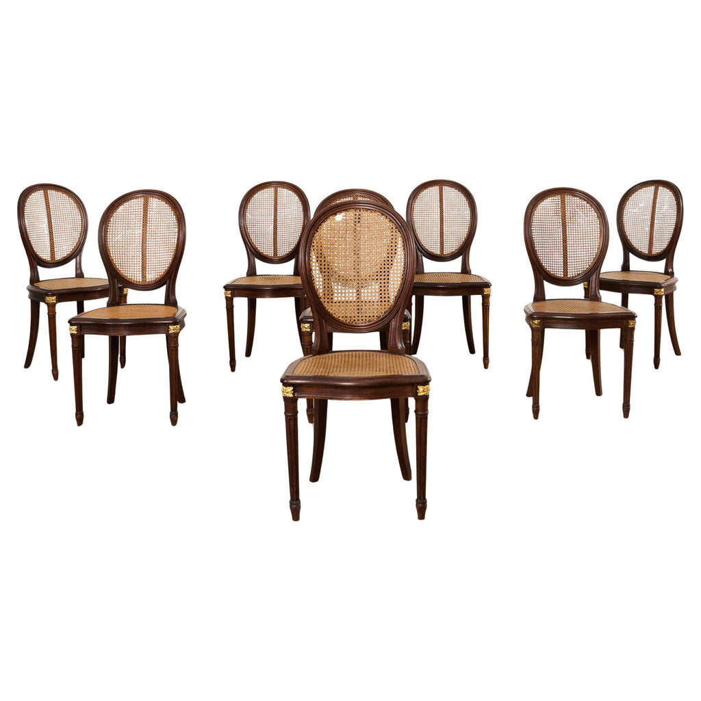 Set of Eight Louis XVI Style Bronze Ormolu Caned Dining Chairs