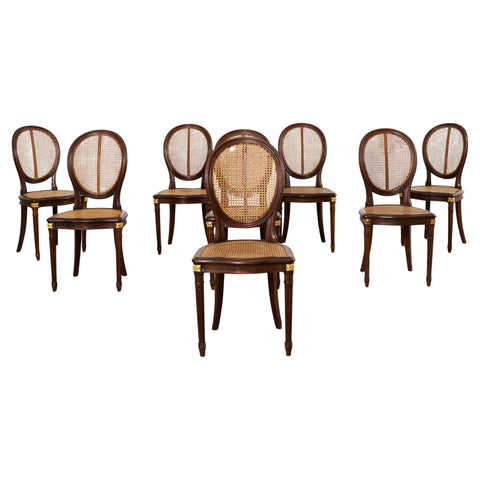 Set of Eight Louis XVI Style Bronze Ormolu Caned Dining Chairs