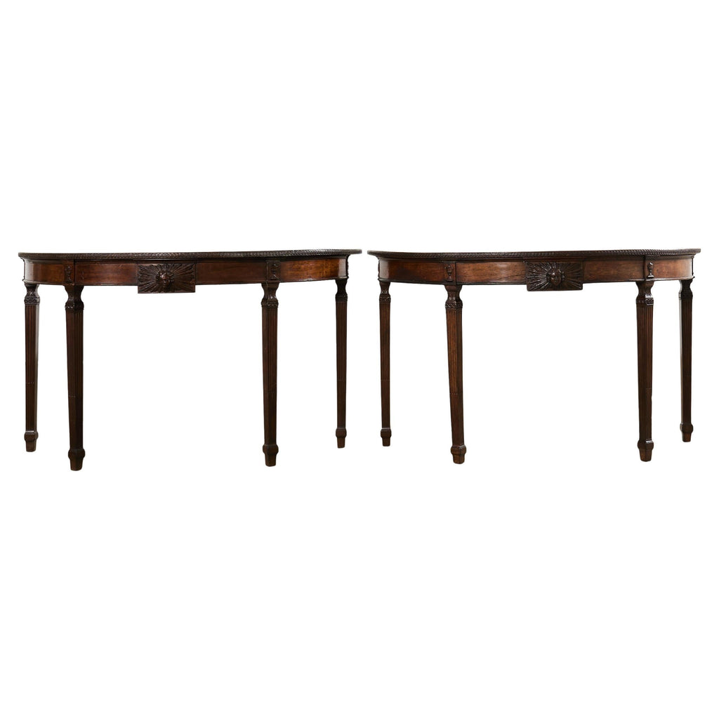 Pair of Italian Neoclassical Walnut Apollo Sunburst Demilunes