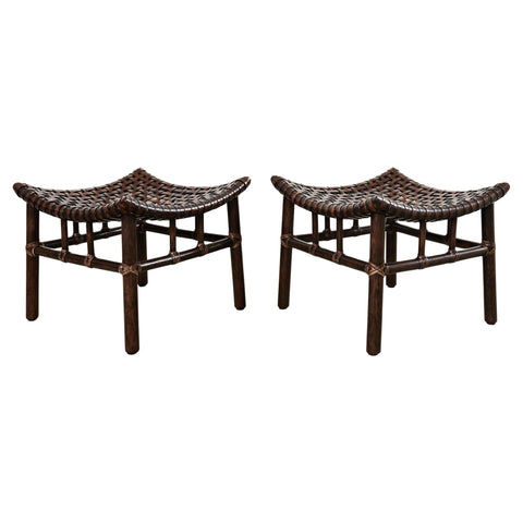 Pair of McGuire Laced Leather Rawhide Rattan Ottoman Stools
