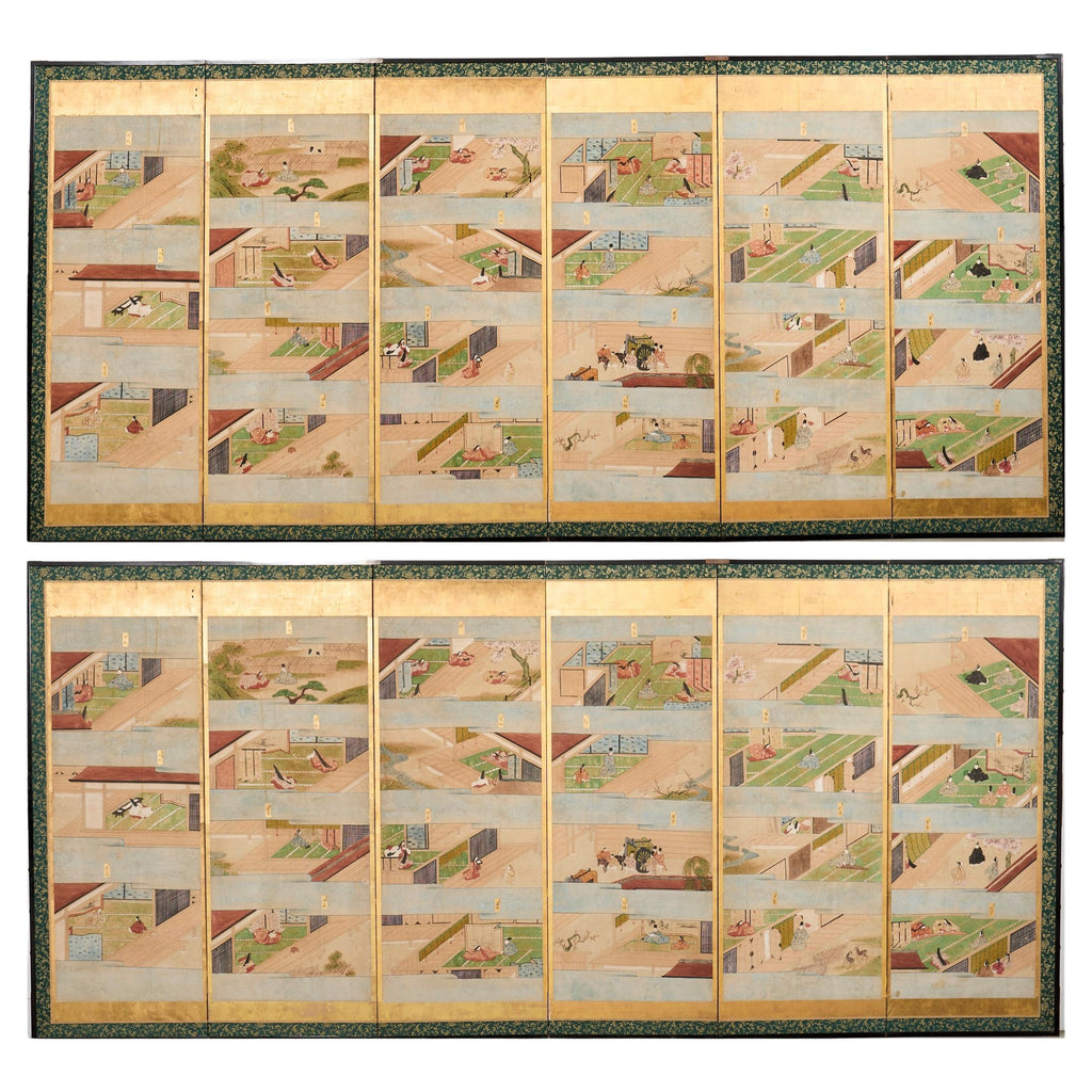 Pair Japanese Edo Six Panel Screens Tale of Genji