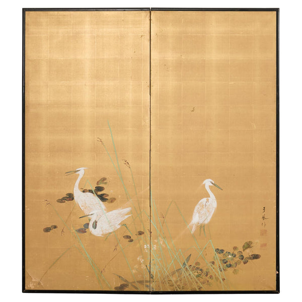 Japanese Showa Two Panel Screen Egrets in Grass