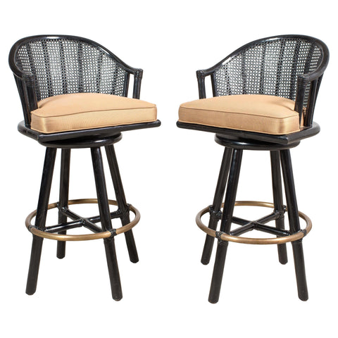 Pair of McGuire Lacquered Rattan Cane Swivel Barstools