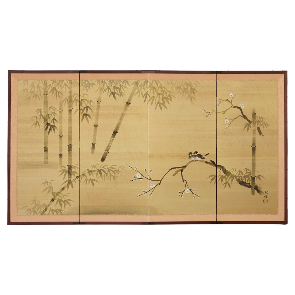 Japanese Showa Four Panel Screen Spring Bamboo Landscape
