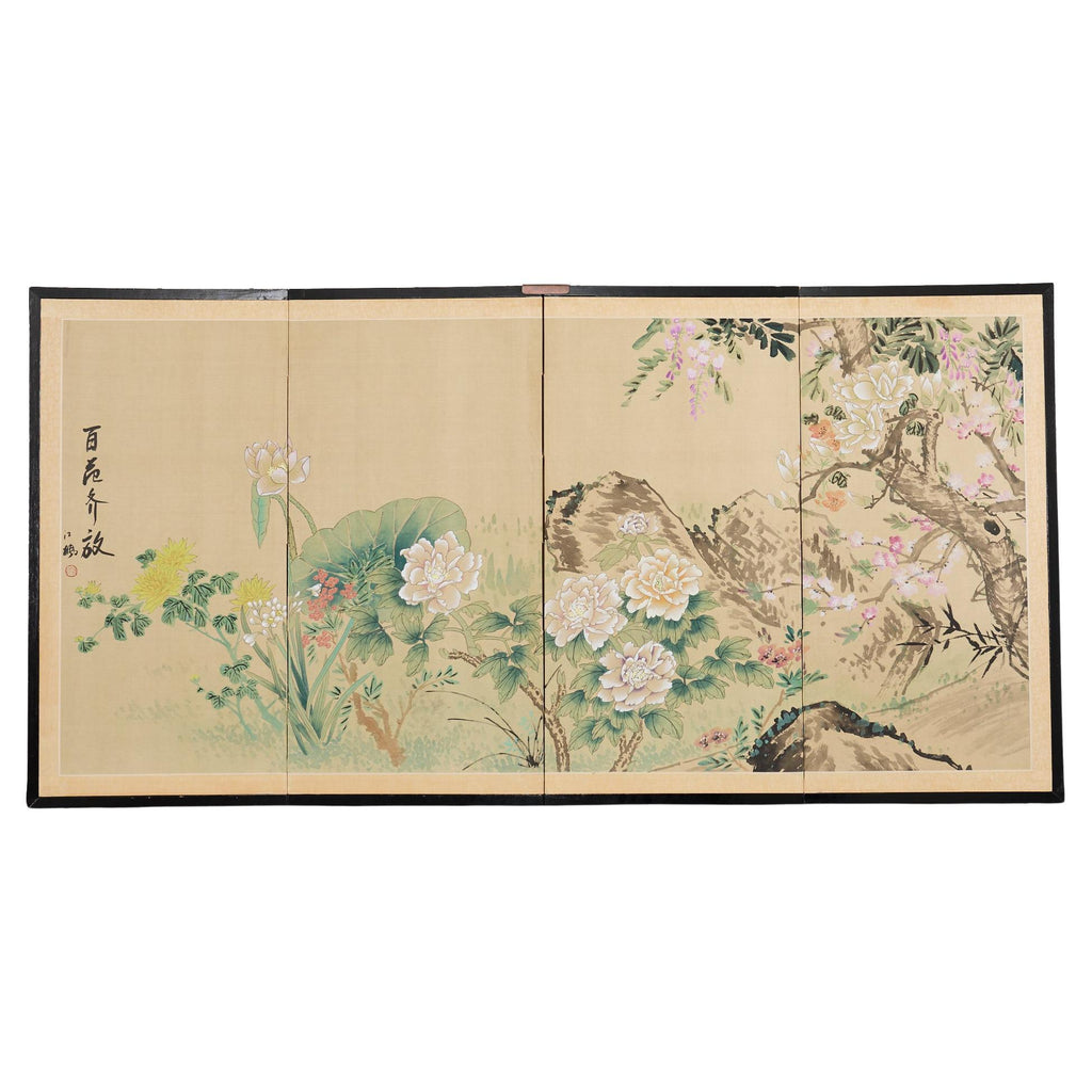 Asian Four Panel Byobu Screen Hundred Flowers Bloom