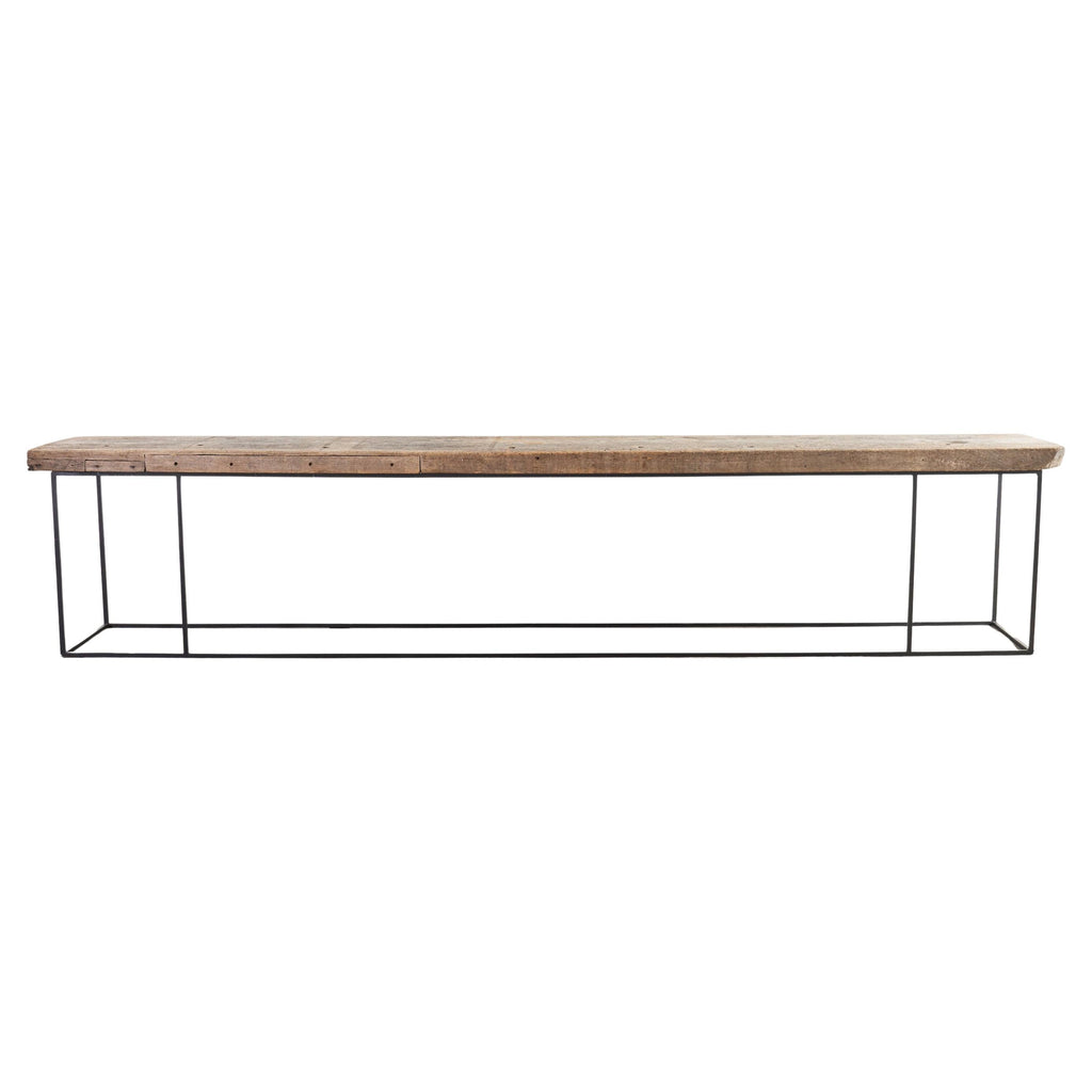 Monumental Reclaimed Wood Plank Top Iron Console 13.5 Ft
