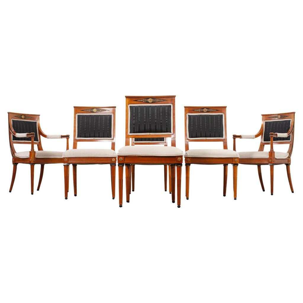Set of Six French Directoire Style Dining Chairs Bronze Accents