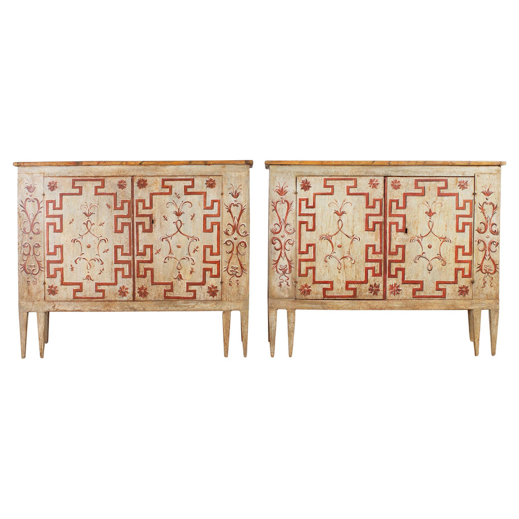 Pair of Italian Venetian Faux Marble Top Painted Cabinets