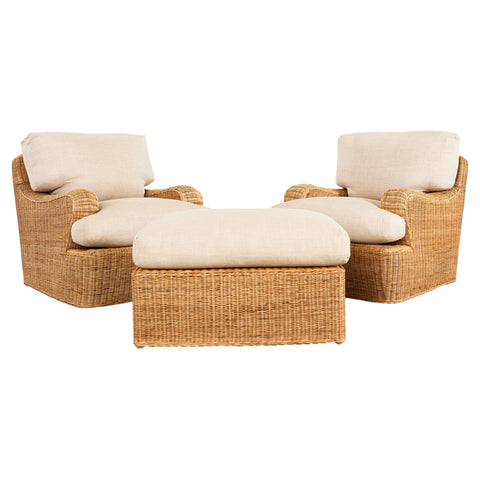 Pair of Ralph Lauren Wicker Lounge Chairs and Ottoman