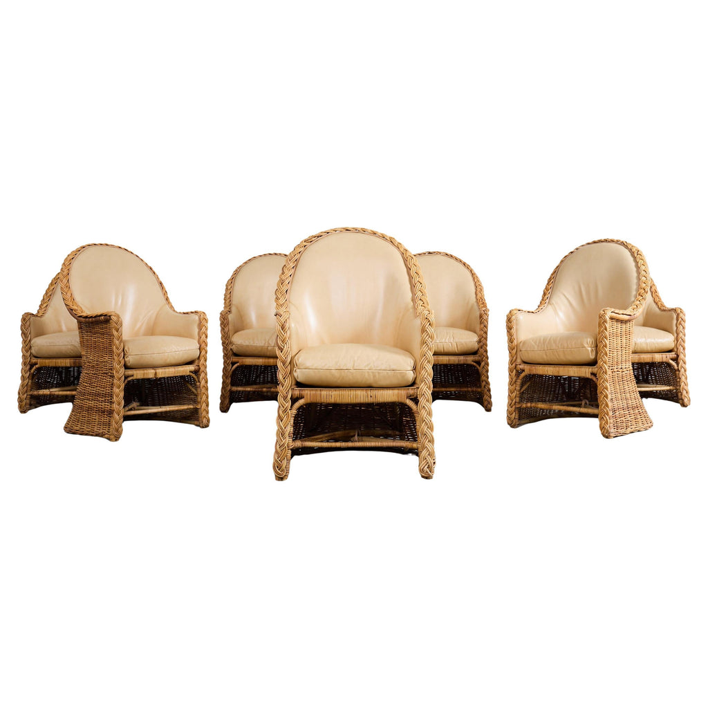 Set of Eight Michael Taylor Style Rattan Leather Dining Chairs