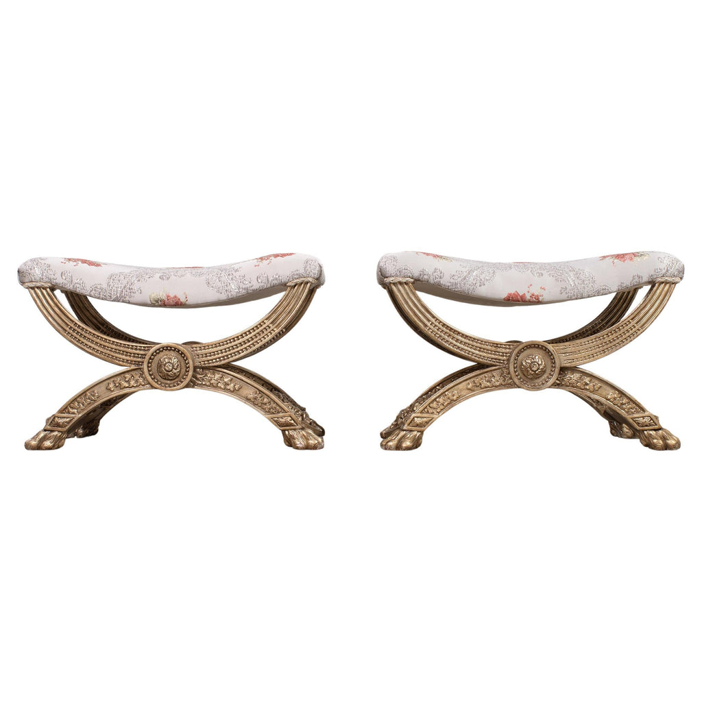 Pair of Italian Neoclassical Style Silvered Curule Bench Seats
