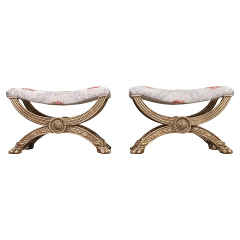 Pair of Italian Neoclassical Style Silvered Curule Bench Seats