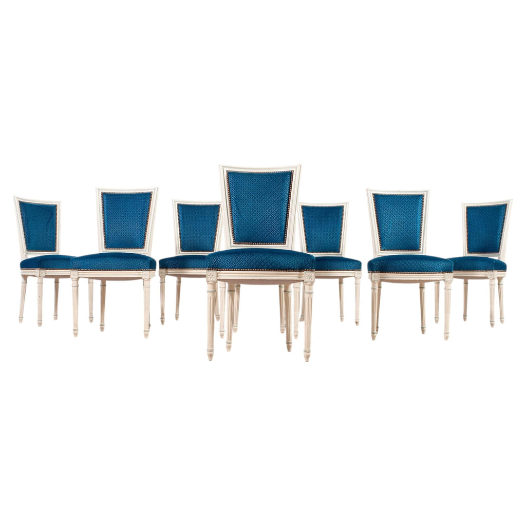 Set of Eight Louis XVI Style Painted Dining Chairs in Blue Velvet