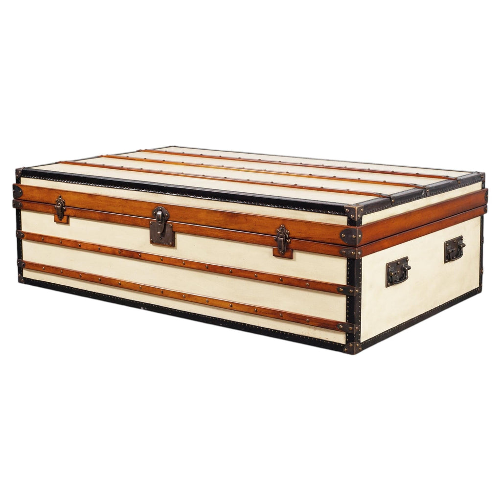 Monumental Canvas and Leather Steamer Trunk Coffee Table 5 Ft.