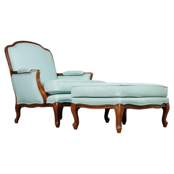 Louis XV Style Bergère Lounge Chair in Tiffany Blue + Ottoman