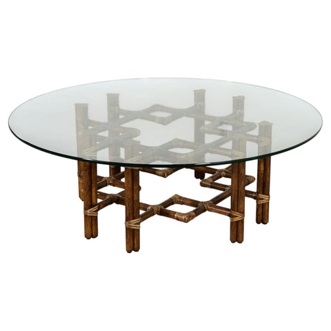 McGuire Organic Modern Lattice Rattan Brass Glass Cocktail Table