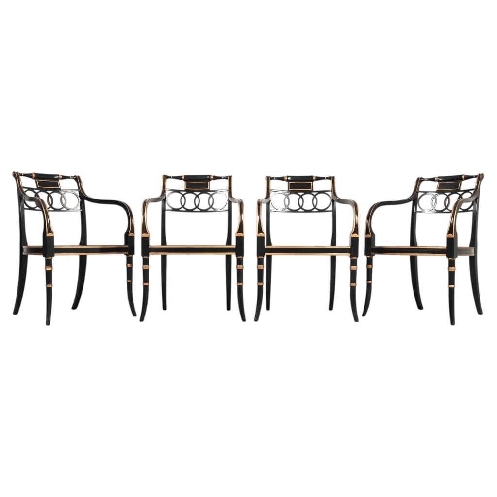 Set of Four Baker “Governor Alston” Cane Ebonized Dining Chairs