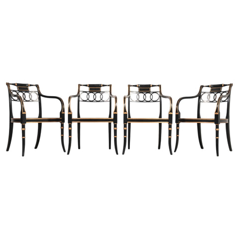 Set of Four Baker “Governor Alston” Cane Ebonized Dining Chairs