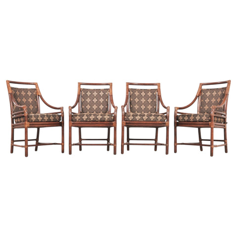 Set of Four McGuire Rattan Target Upholstered Dining Armchairs