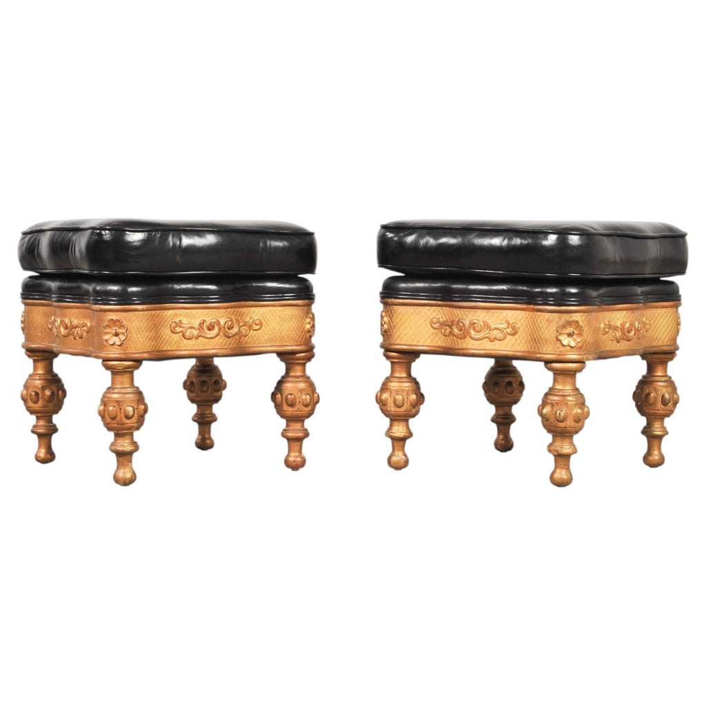 Pair of Empire Aesthetic Leather Giltwood Ottoman Footstools