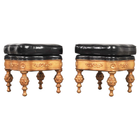 Pair of Empire Aesthetic Leather Giltwood Ottoman Footstools