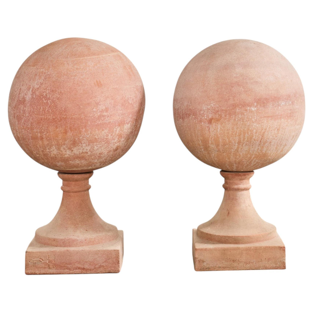 Pair of Tuscan Terracotta Garden Sphere Finials on Pedestals