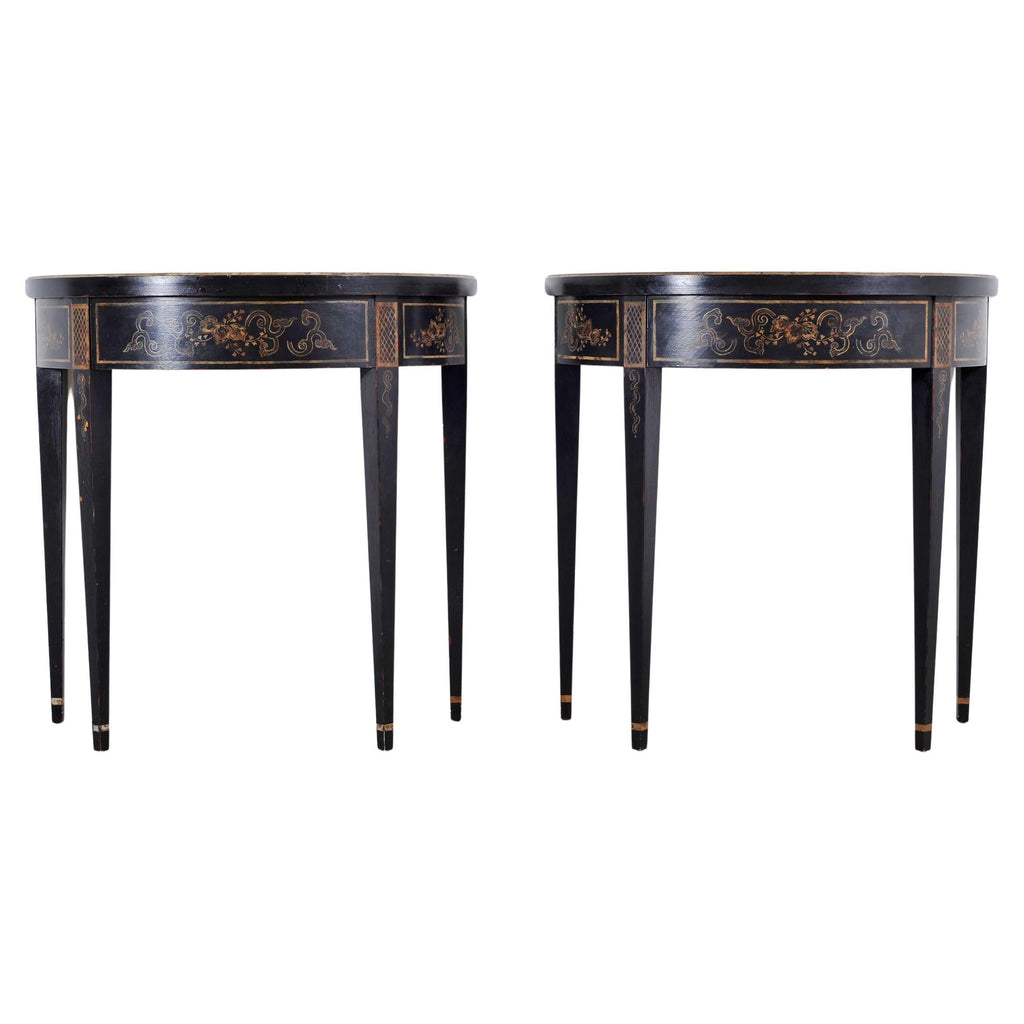Pair of Regency Style Chinoiserie Decorated Demilune Consoles