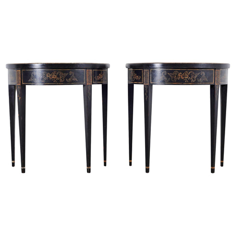 Pair of Regency Style Chinoiserie Decorated Demilune Consoles
