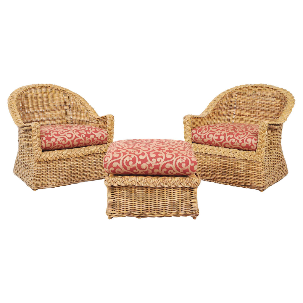 Pair of Bielecky Brothers Rattan Wicker Lounge Chairs + Ottoman