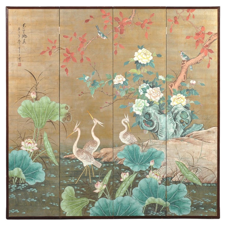 Asian Showa Four-Panel Screen Herons Amid Lotus and Peonies