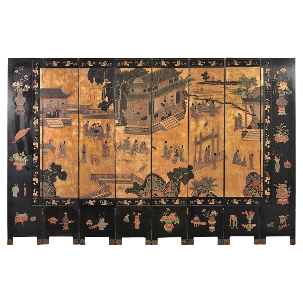 Chinese Export Eight-Panel Coromandel Screen Gilt Pavilion 10 Ft