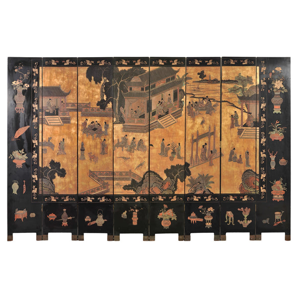 Chinese Export Eight-Panel Coromandel Screen Gilt Pavilion 10 Ft