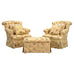 Pair of Tufted Lounge Chairs + Ottoman in Butter Print Fabric