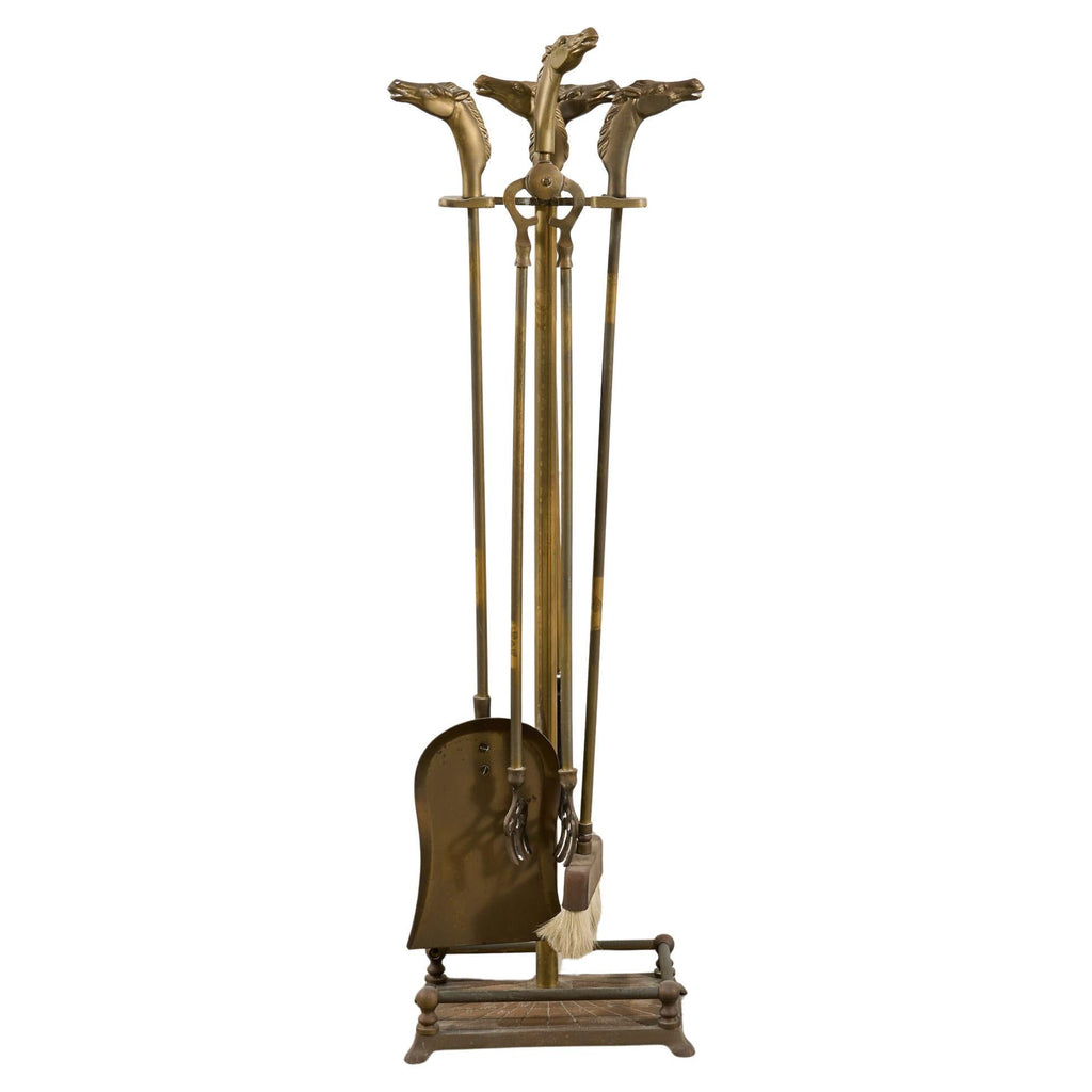 Brass Equestrian Horse Motif Fireplace Tool Set with Stand