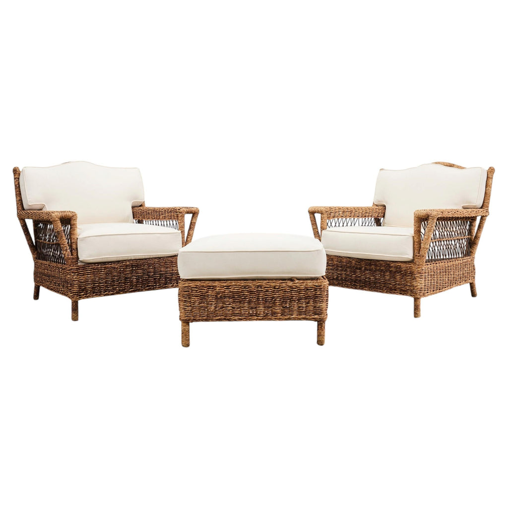 Pair of Ralph Lauren Organic Wicker Rope Armchairs + Ottoman