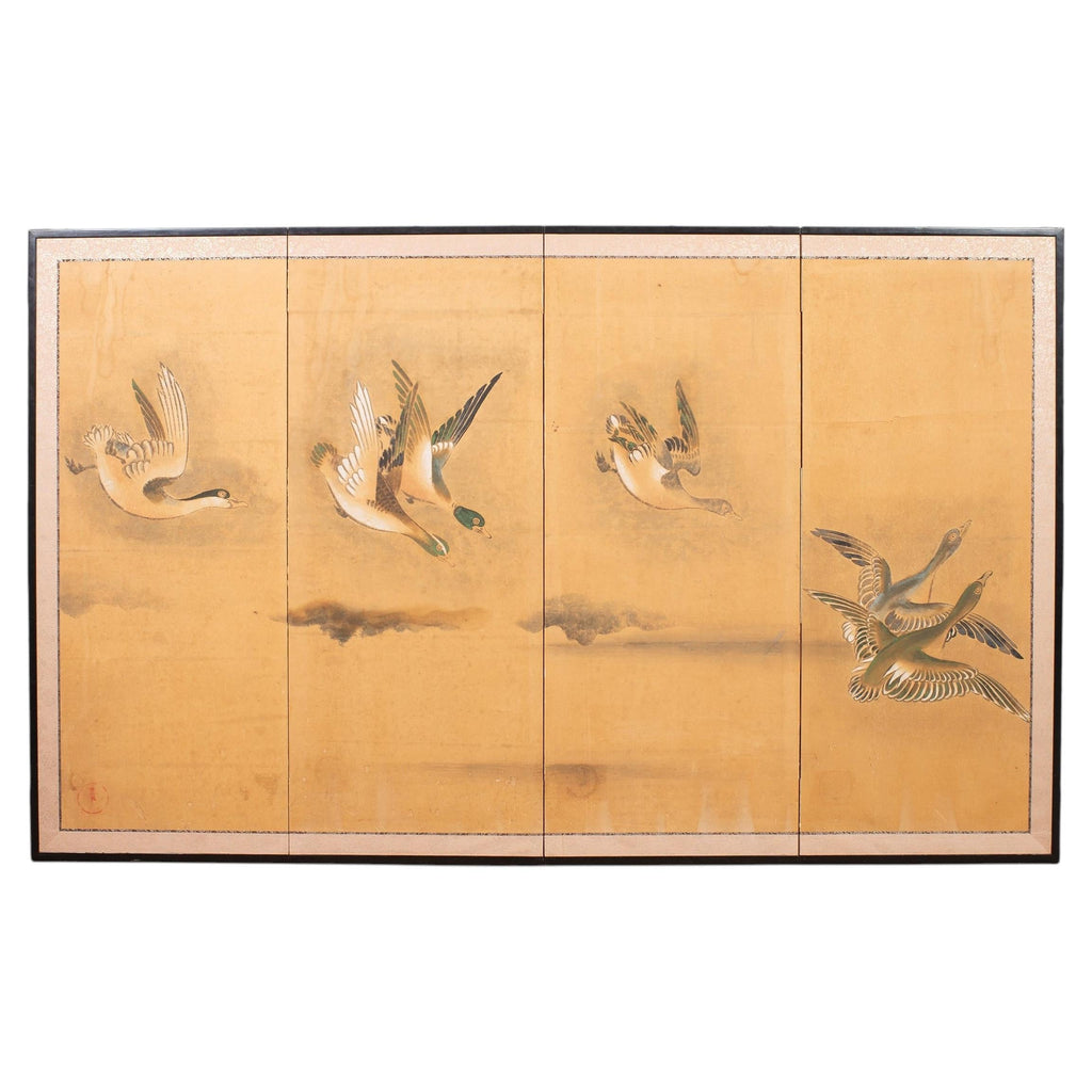 Japanese Meiji Four Panel Screen Ducks and Geese in Flight