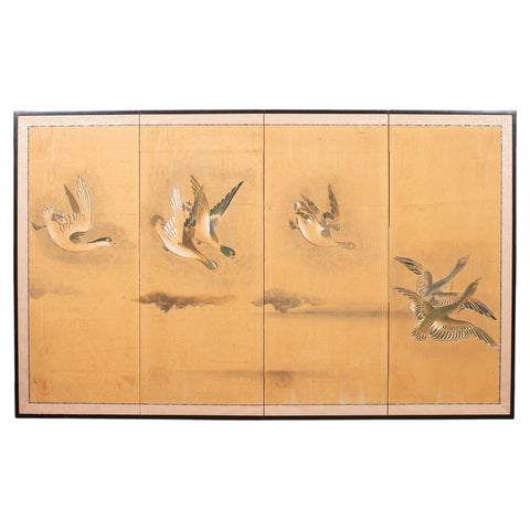 Japanese Meiji Four Panel Screen Ducks and Geese in Flight
