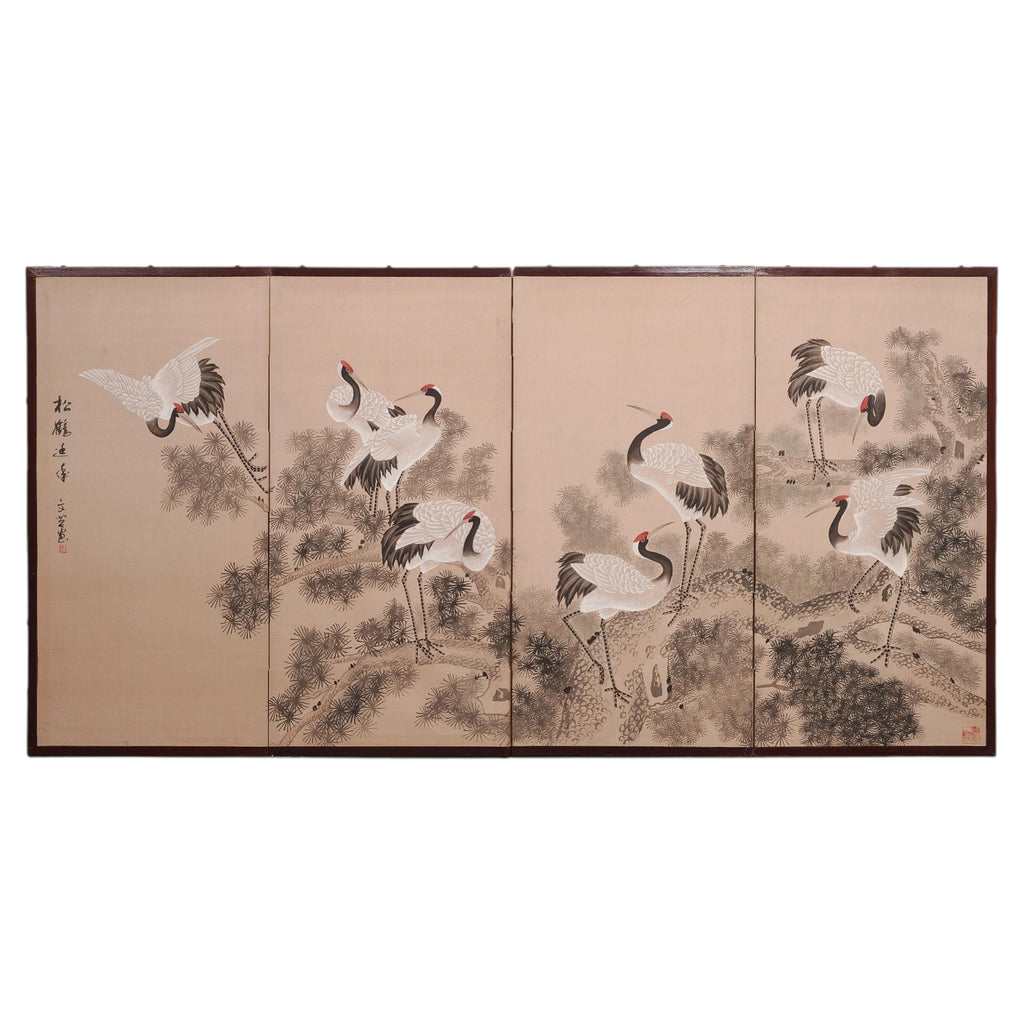 Japanese Style Showa Four-Panel Screen Cranes in Pine Trees