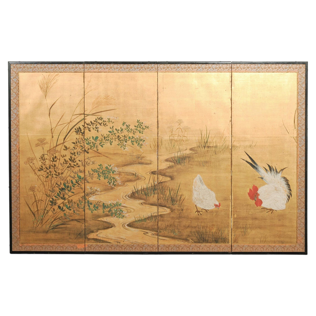 Japanese Showa Four-Panel Screen Autumn Landscape Rooster & Hen