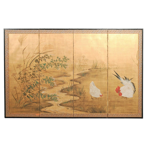 Japanese Showa Four-Panel Screen Autumn Landscape Rooster & Hen