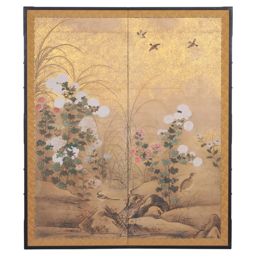 Japanese Meiji Two Panel Screen Birds Flowers in Autumn Landscape