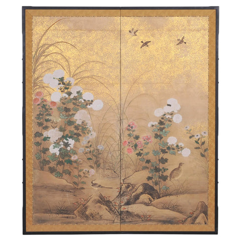 Japanese Meiji Two Panel Screen Birds Flowers in Autumn Landscape