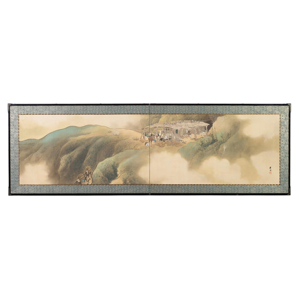 Japanese Taisho Two-Panel Landscape Screen Traveler Waystation