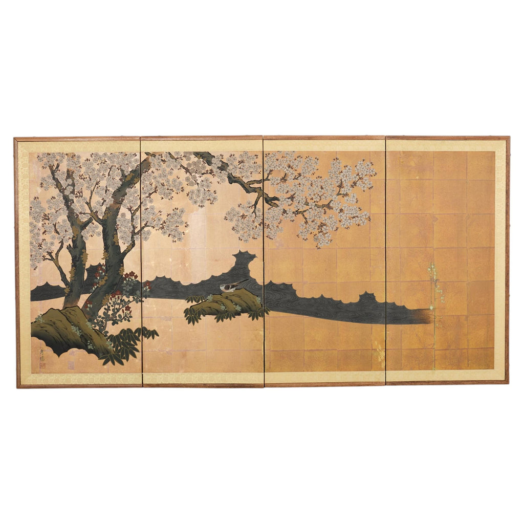 Japanese Showa Four Panel Screen Spring Flowering Cherry Tree