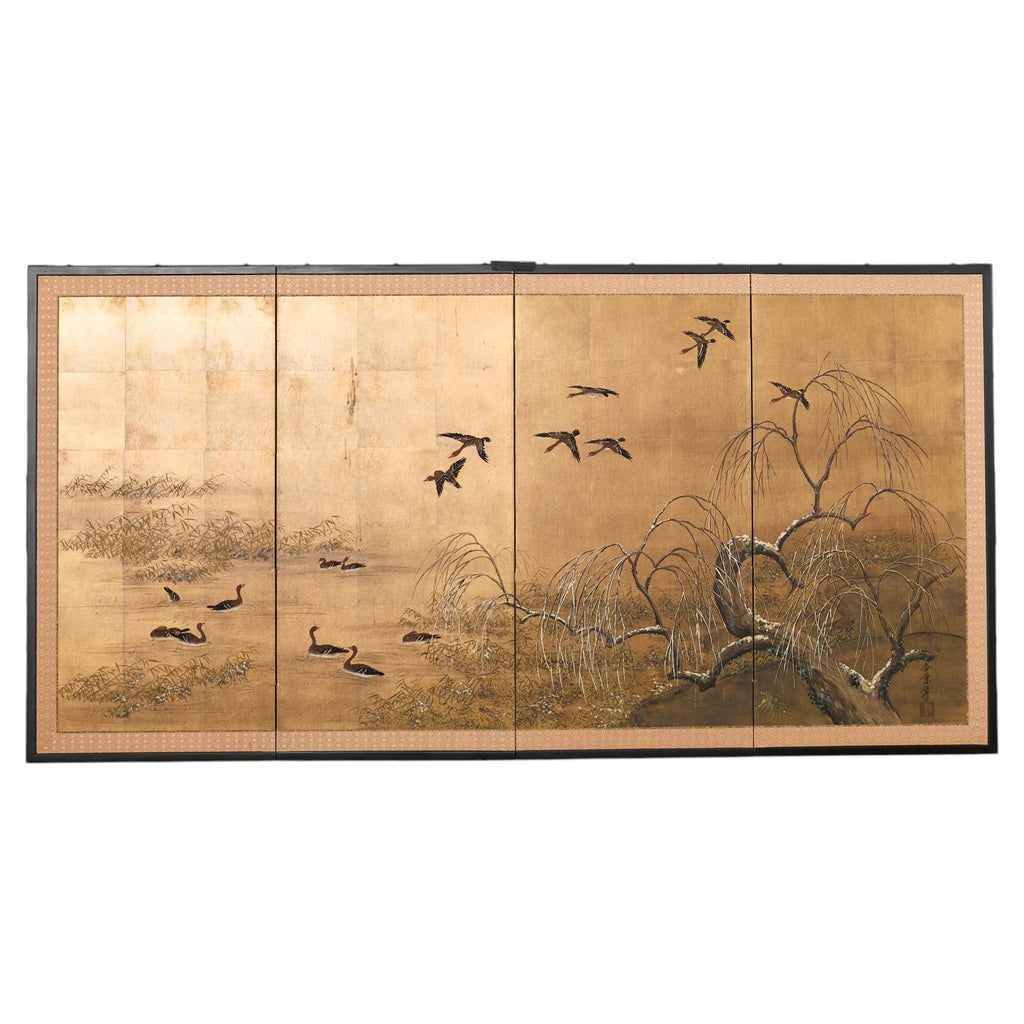 Japanese Showa Four-Panel Screen Wild Geese Autumn Landscape