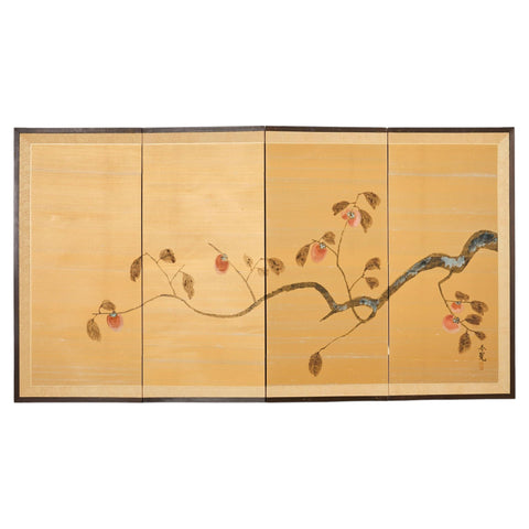 Japanese Showa Four Panel Screen Persimmon Branch in Snow