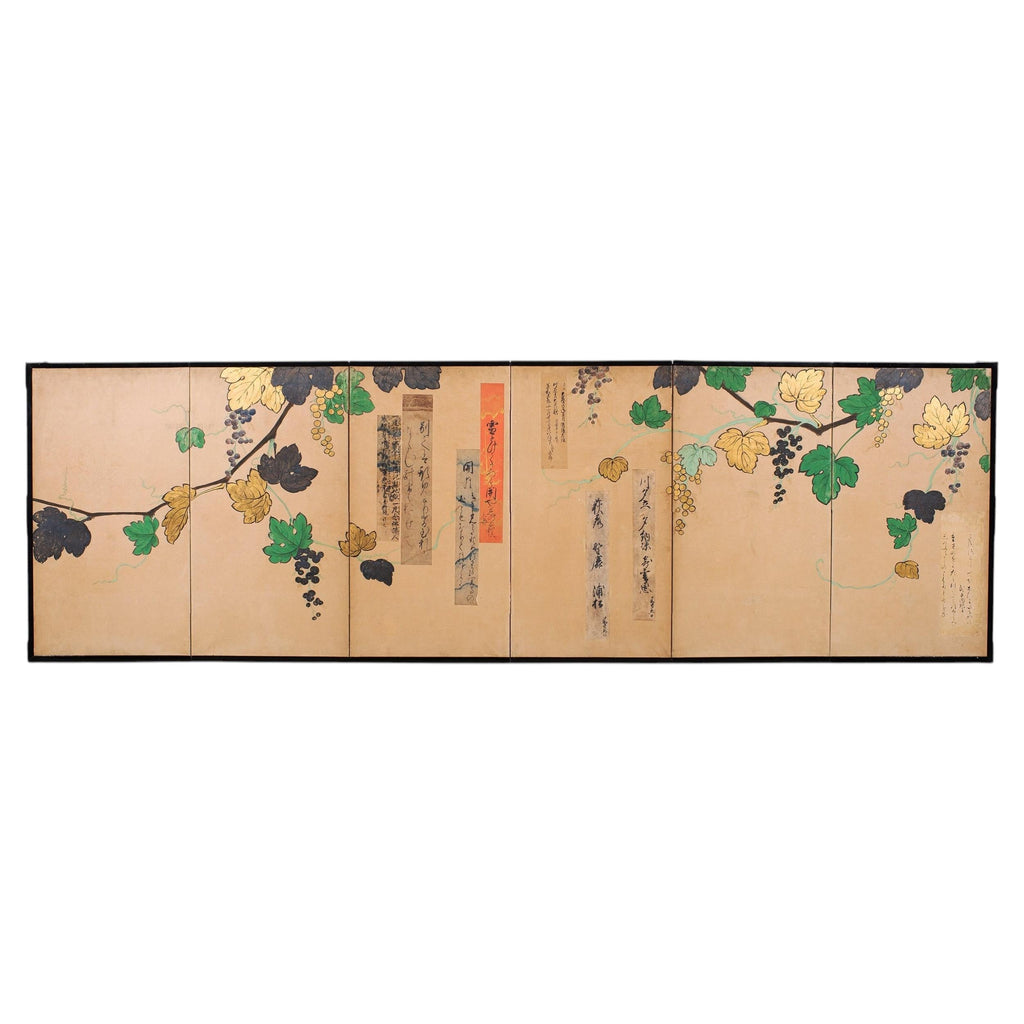 Japanese Harimaze Six Panel Screen Applied Edo Tanzaku Poems