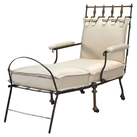 Late 19th C. French Campaign Style Iron Bronze Chaise Longue