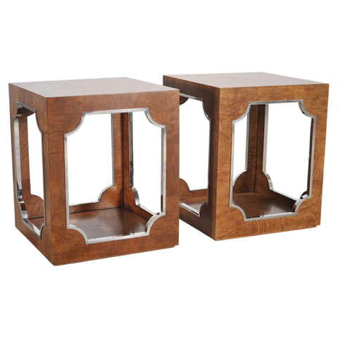 Pair of Bernhardt Soho Luxe Burlwood Steel Cube Drink Tables