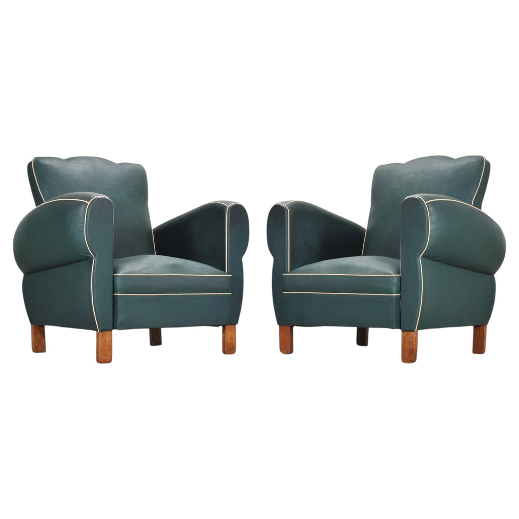 Pair of 20th Century French Art Deco Period Green Club Chairs